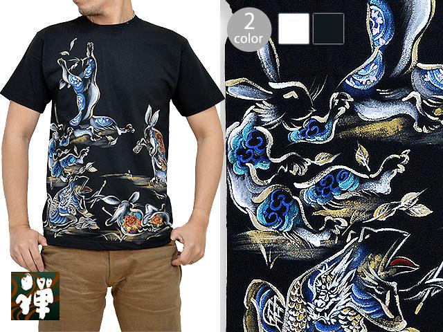 手描き半袖Tシャツ「博打鳥獣戯画」◆禅